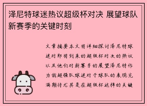 泽尼特球迷热议超级杯对决 展望球队新赛季的关键时刻